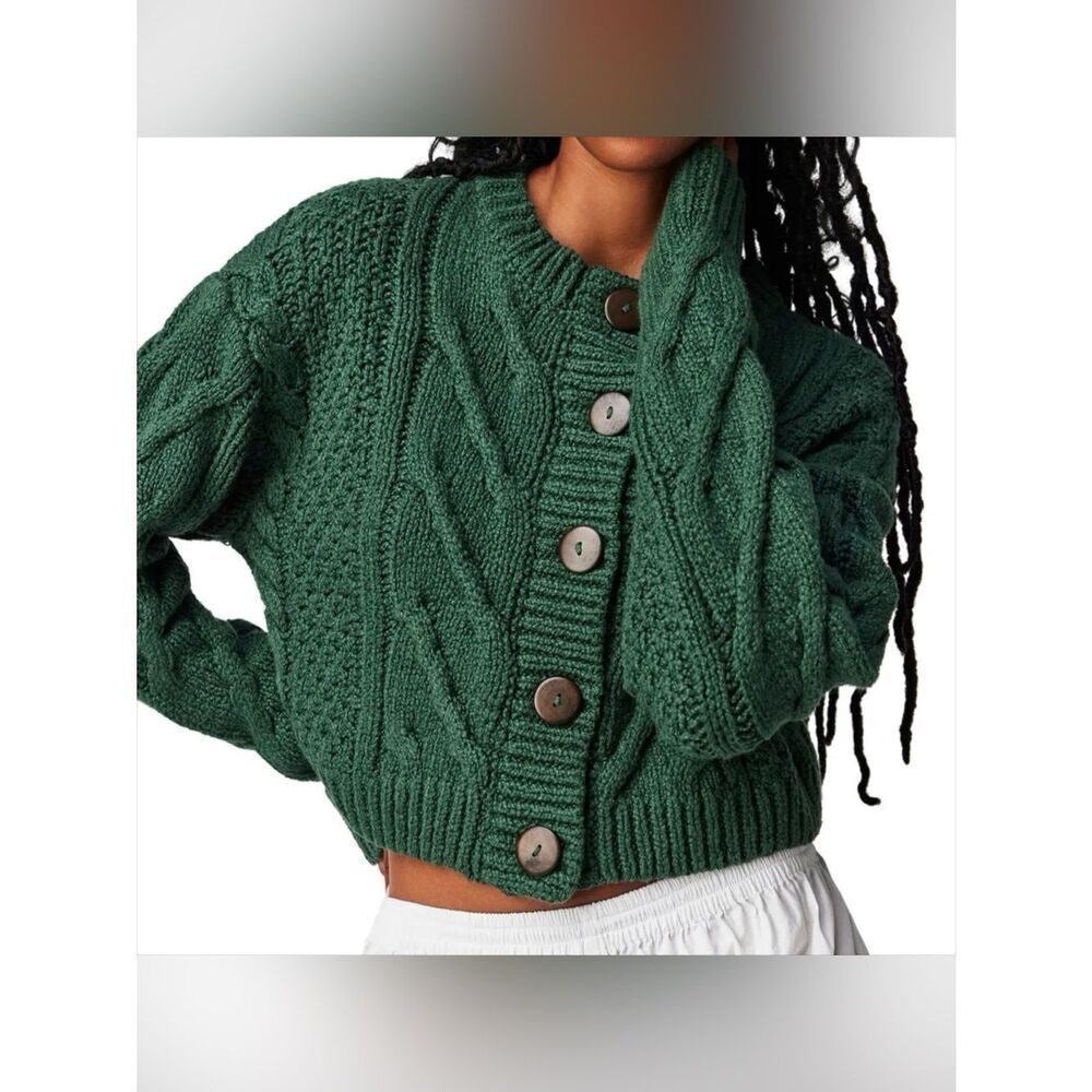 Free People Deep Green Chunky Button-up Bonfire Cable Knit Cardigan size small